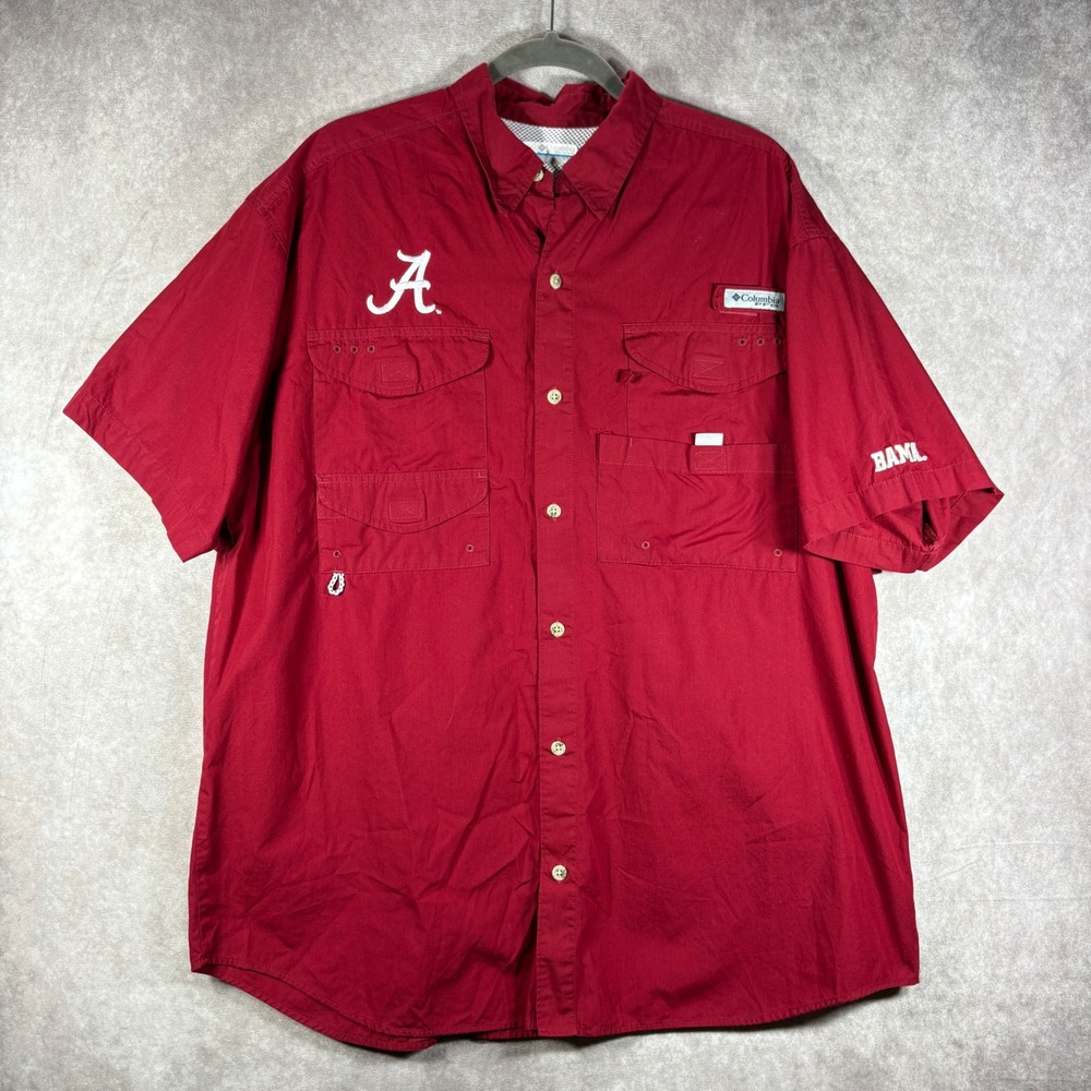 Columbia Shirt Mens Size Large Red Alabama Crimson Tide PFG Short Sleeve Fishing